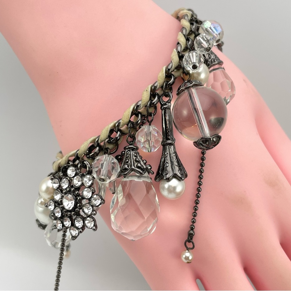 Vintage-Inspired Art Glass & Faux Pearl Charm Bracelet with Rhinestone Accents